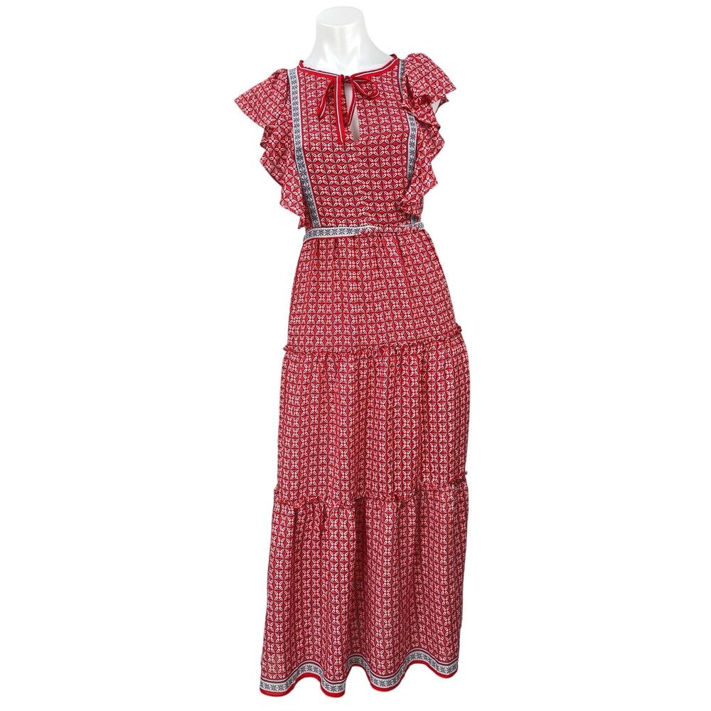 Max Studio Red Floral Ruffle Flutter Sleeve Bow Tiered Maxi Flare A-Line Dress S